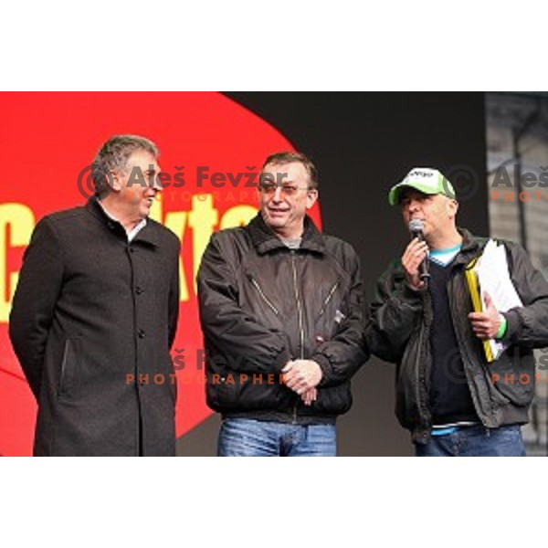 Jelko Gros and Marjan Stare with best slovenian winter sportsmen and sportswoman at reception for fans during Q max party at Congress square, Ljubljana, Slovenia on March 22, 2016