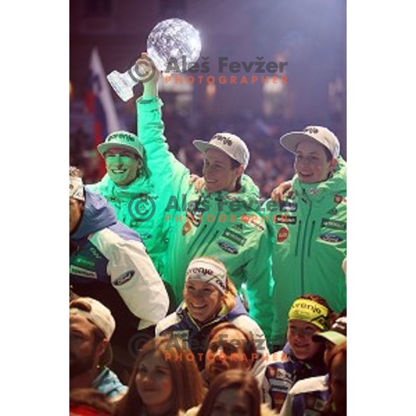 Jurij Tepes, Peter Prevc, Domen Prevc with best slovenian winter sportsmen and sportswoman at reception for fans during Q max party at Congress square, Ljubljana, Slovenia on March 22, 2016