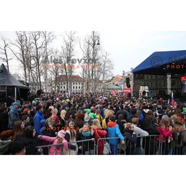 reception for best slovenian winter sportsmen and sportswoman for fans during Q max party at Congress square, Ljubljana, Slovenia on March 22, 2016