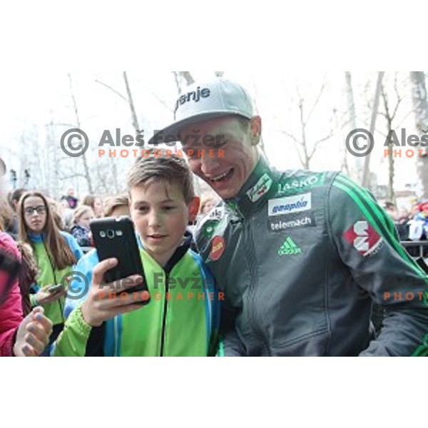 Anze Lanisek at reception for best slovenian winter sportsmen and sportswoman for fans during Q max party at Congress square, Ljubljana, Slovenia on March 22, 2016