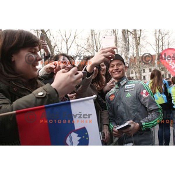 Anze Lanisek at reception for best slovenian winter sportsmen and sportswoman for fans during Q max party at Congress square, Ljubljana, Slovenia on March 22, 2016