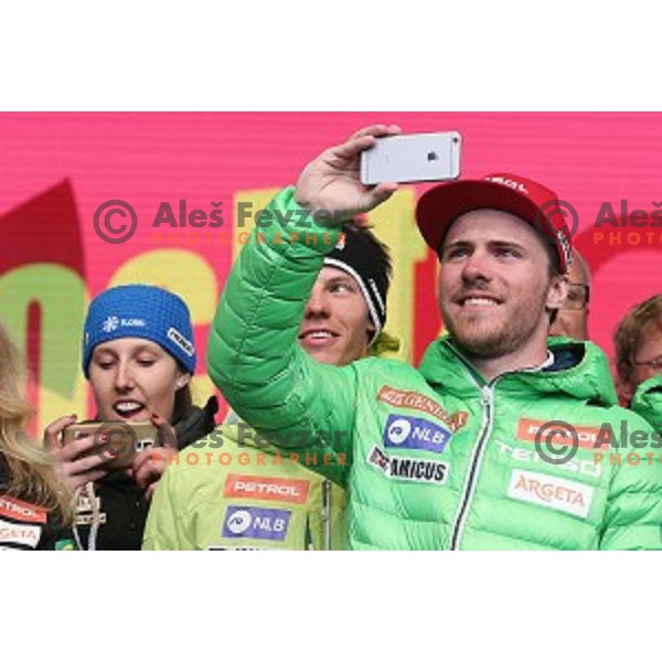 Miha Hrobat at reception for best slovenian winter sportsmen and sportswoman for fans during Q max party at Congress square, Ljubljana, Slovenia on March 22, 2016