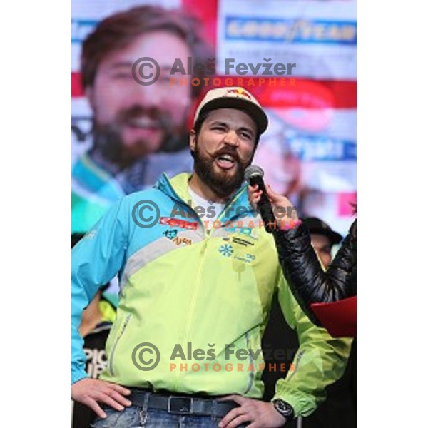 Filip Flisar at reception for best slovenian winter sportsmen and sportswoman for fans during Q max party at Congress square, Ljubljana, Slovenia on March 22, 2016