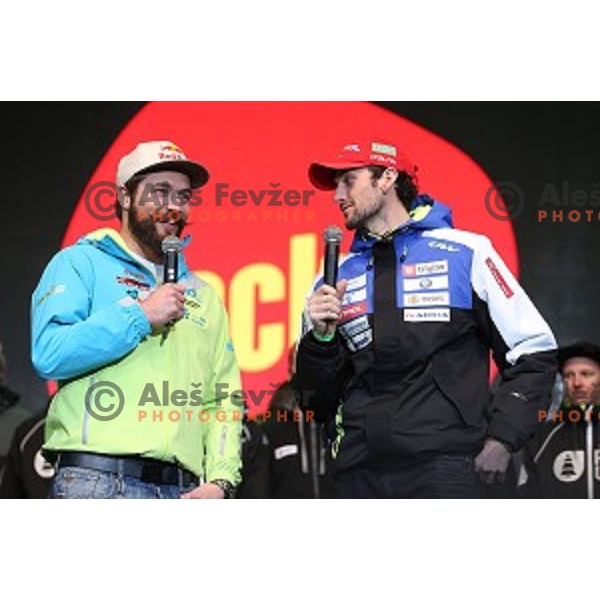Filip Flisar and Jakov Fak at reception for best slovenian winter sportsmen and sportswoman for fans during Q max party at Congress square, Ljubljana, Slovenia on March 22, 2016