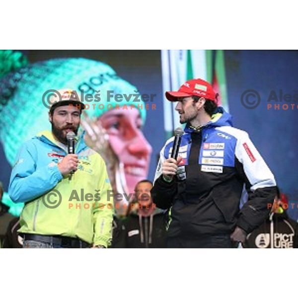 Filip Flisar and Jakov Fak at reception for best slovenian winter sportsmen and sportswoman for fans during Q max party at Congress square, Ljubljana, Slovenia on March 22, 2016