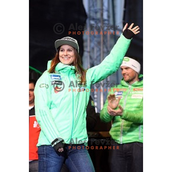 best slovenian winter sportsmen and sportswoman at reception for fans during Q max party at Congress square, Ljubljana, Slovenia on March 22, 2016