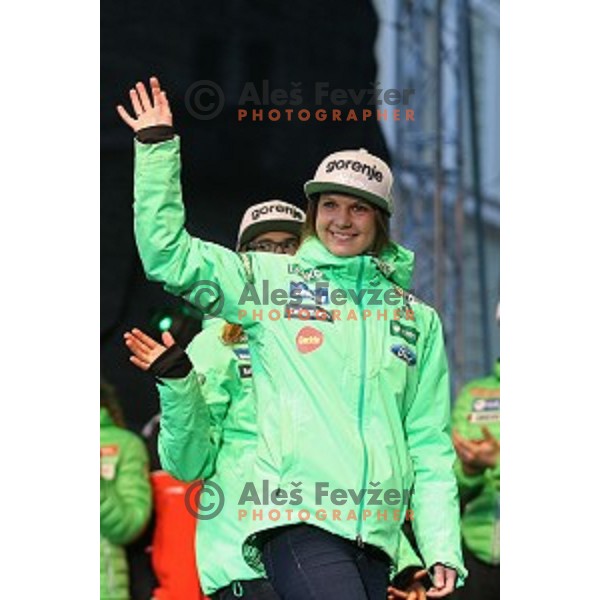 Ema Klinec at reception for best slovenian winter sportsmen and sportswoman for fans during Q max party at Congress square, Ljubljana, Slovenia on March 22, 2016