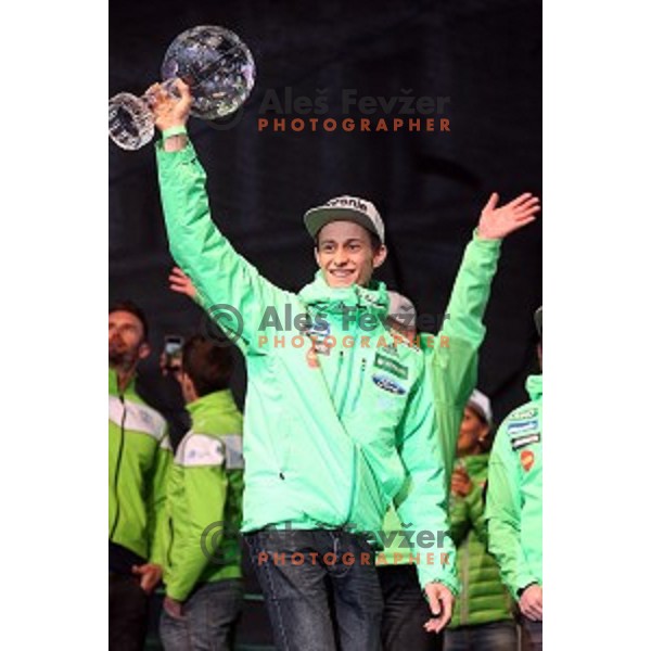 Peter Prevc at reception for best slovenian winter sportsmen and sportswoman for fans during Q max party at Congress square, Ljubljana, Slovenia on March 22, 2016