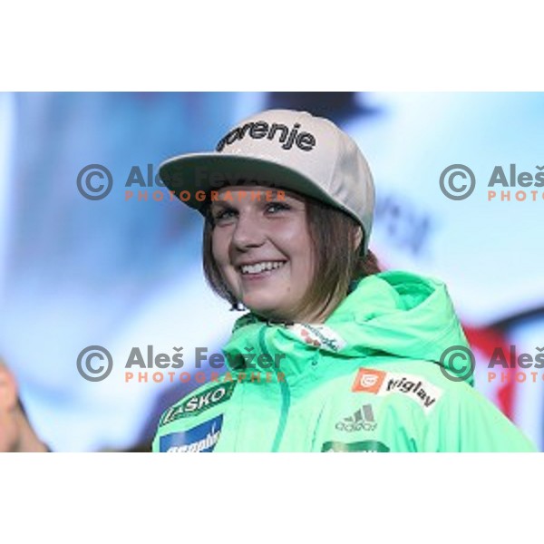 Ema Klinec at reception for best slovenian winter sportsmen and sportswoman for fans during Q max party at Congress square, Ljubljana, Slovenia on March 22, 2016