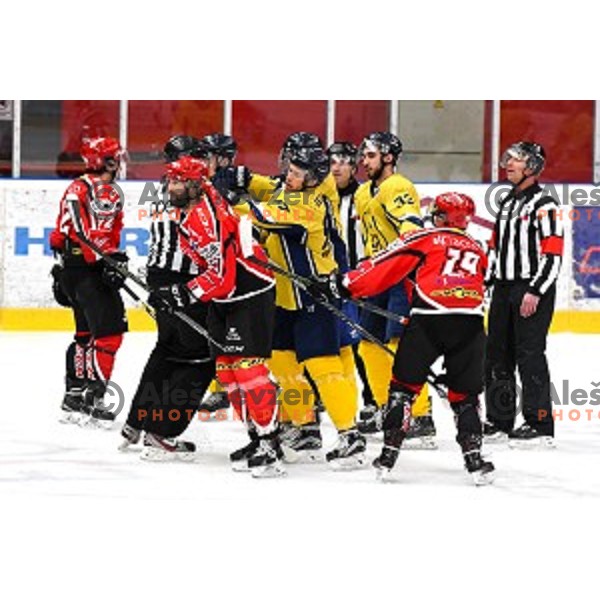 action during semi-final of Slovenian Championship ice-hockey match between SIJ Acroni Jesenice and ECE Celje in Podmezakla Hall, Jesenice, Slovenia on March 25, 2016
