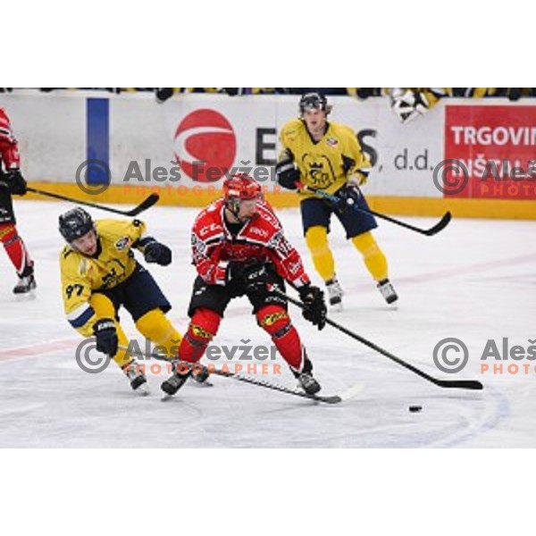 action during semi-final of Slovenian Championship ice-hockey match between SIJ Acroni Jesenice and ECE Celje in Podmezakla Hall, Jesenice, Slovenia on March 25, 2016