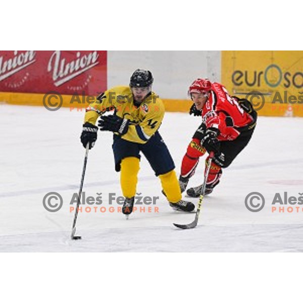 action during semi-final of Slovenian Championship ice-hockey match between SIJ Acroni Jesenice and ECE Celje in Podmezakla Hall, Jesenice, Slovenia on March 25, 2016