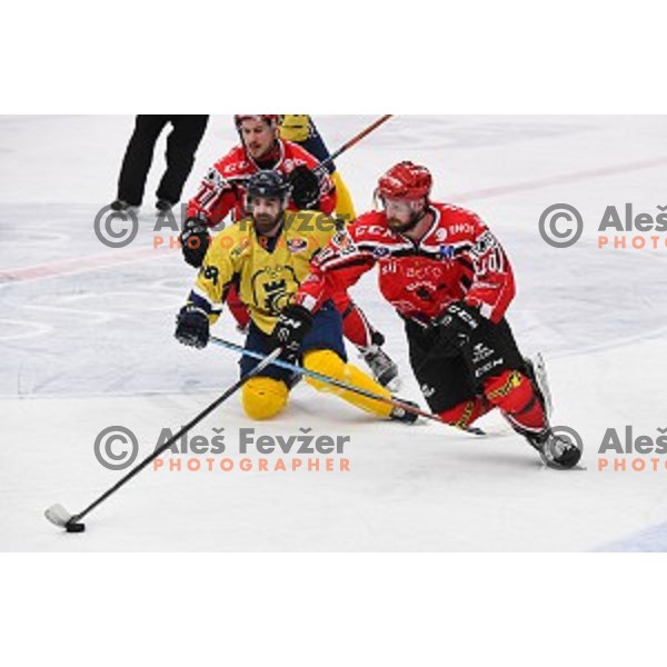 action during semi-final of Slovenian Championship ice-hockey match between SIJ Acroni Jesenice and ECE Celje in Podmezakla Hall, Jesenice, Slovenia on March 25, 2016