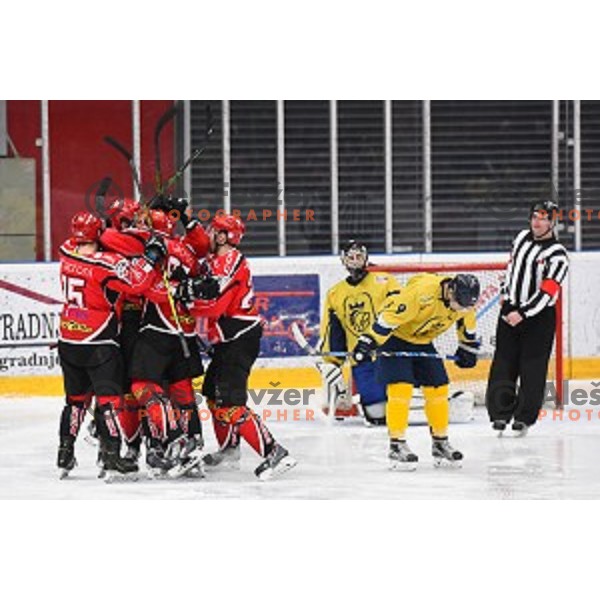 action during semi-final of Slovenian Championship ice-hockey match between SIJ Acroni Jesenice and ECE Celje in Podmezakla Hall, Jesenice, Slovenia on March 25, 2016