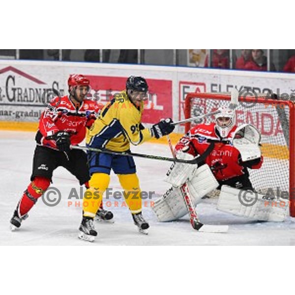 action during semi-final of Slovenian Championship ice-hockey match between SIJ Acroni Jesenice and ECE Celje in Podmezakla Hall, Jesenice, Slovenia on March 25, 2016