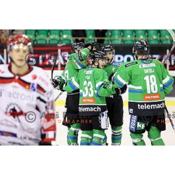 action during ice-hockey match Telemach Olimpija - SIJ Acroni Jesenice in the Final of Slovenian Championship, Tivoli Hall, Ljubljana, Slovenia on March 28, 2016