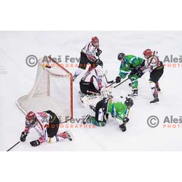 action during ice-hockey match Telemach Olimpija - SIJ Acroni Jesenice in the Final of Slovenian Championship, Tivoli Hall, Ljubljana, Slovenia on April 4, 2016