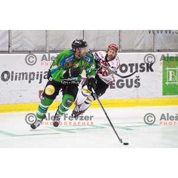 Anze Ropret of Telemach Olimpija and Miha Brus of SIJ Acroni Jesenice in action during ice-hockey match Telemach Olimpija - SIJ Acroni Jesenice in the Final of Slovenian Championship, Tivoli Hall, Ljubljana, Slovenia on April 4, 2016