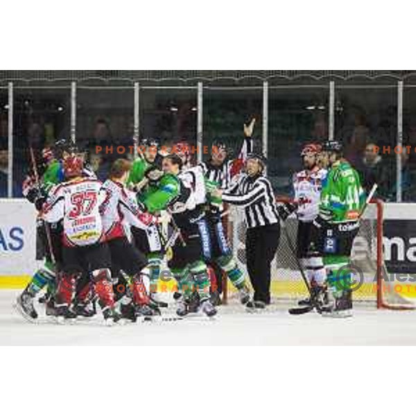 action during ice-hockey match Telemach Olimpija - SIJ Acroni Jesenice in the Final of Slovenian Championship, Tivoli Hall, Ljubljana, Slovenia on April 4, 2016