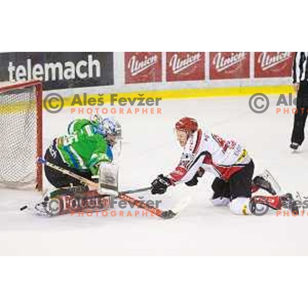 Olivier Roy of Telemach Olimpija and Tadej Cimzar of SIJ Acroni Jesenice in action during ice-hockey match Telemach Olimpija - SIJ Acroni Jesenice in the Final of Slovenian Championship, Tivoli Hall, Ljubljana, Slovenia on April 4, 2016