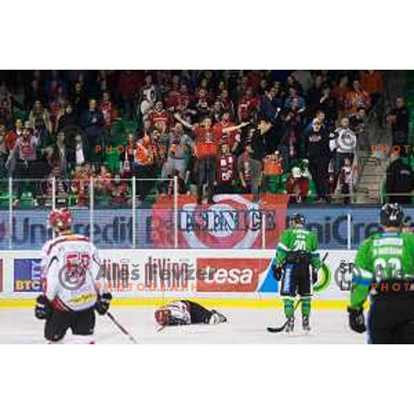 action during ice-hockey match Telemach Olimpija - SIJ Acroni Jesenice in the Final of Slovenian Championship, Tivoli Hall, Ljubljana, Slovenia on April 4, 2016