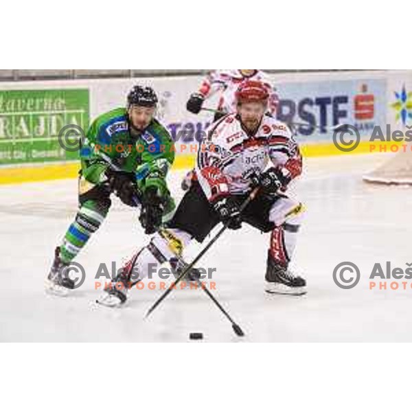 Gregor Koblar of Telemach Olimpija and Matevz Erman of SIJ Acroni Jesenice in action during ice-hockey match Telemach Olimpija - SIJ Acroni Jesenice in the Final of Slovenian Championship, Tivoli Hall, Ljubljana, Slovenia on April 4, 2016