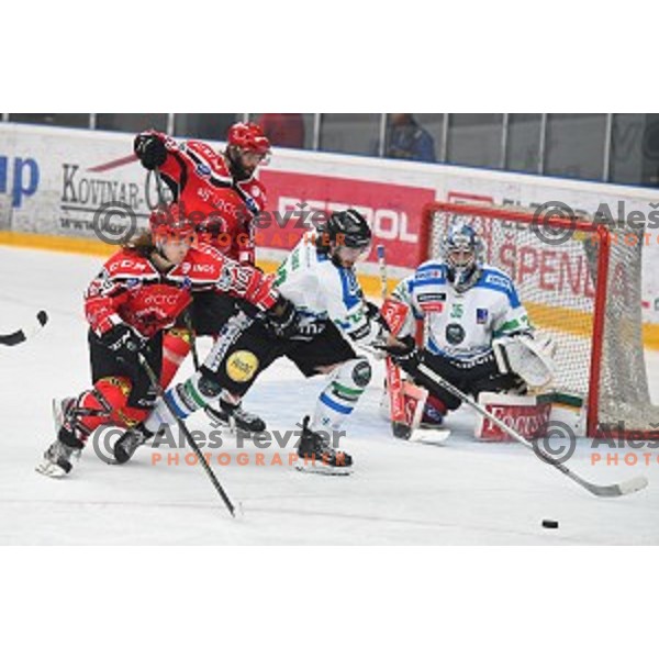 action during fourth match of the Final of Slovenian Ice hockey Championship between SIJ Acroni Jesenice and Telemach Olimpija in Podmezakla Hall, Jesenice, Slovenia on April 7, 2016