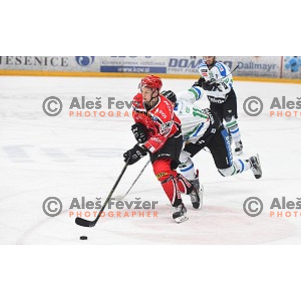 action during fourth match of the Final of Slovenian Ice hockey Championship between SIJ Acroni Jesenice and Telemach Olimpija in Podmezakla Hall, Jesenice, Slovenia on April 7, 2016