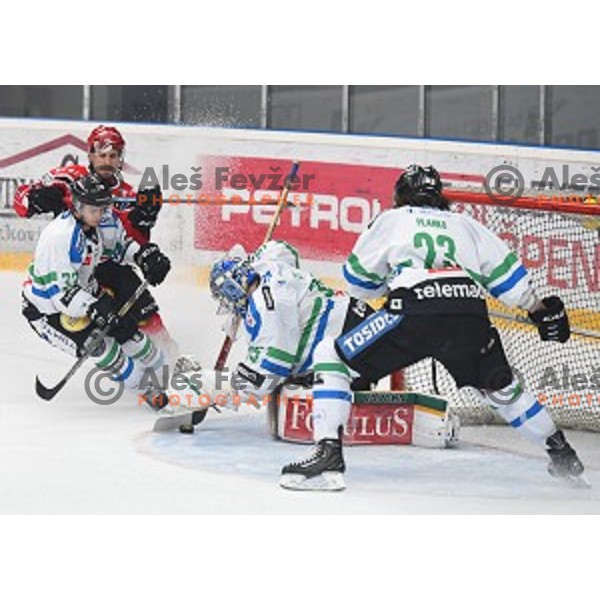 action during fourth match of the Final of Slovenian Ice hockey Championship between SIJ Acroni Jesenice and Telemach Olimpija in Podmezakla Hall, Jesenice, Slovenia on April 7, 2016