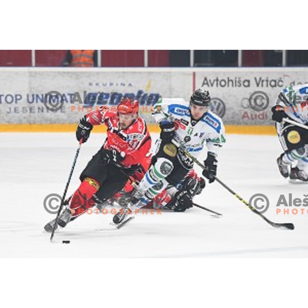 action during fourth match of the Final of Slovenian Ice hockey Championship between SIJ Acroni Jesenice and Telemach Olimpija in Podmezakla Hall, Jesenice, Slovenia on April 7, 2016