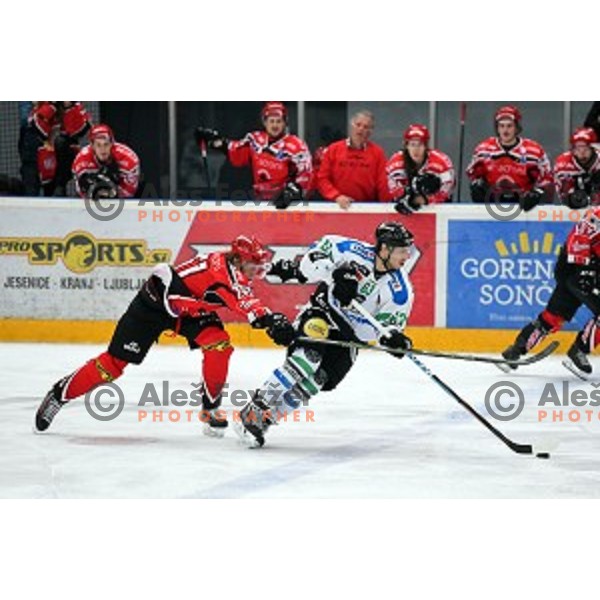 action during fourth match of the Final of Slovenian Ice hockey Championship between SIJ Acroni Jesenice and Telemach Olimpija in Podmezakla Hall, Jesenice, Slovenia on April 7, 2016