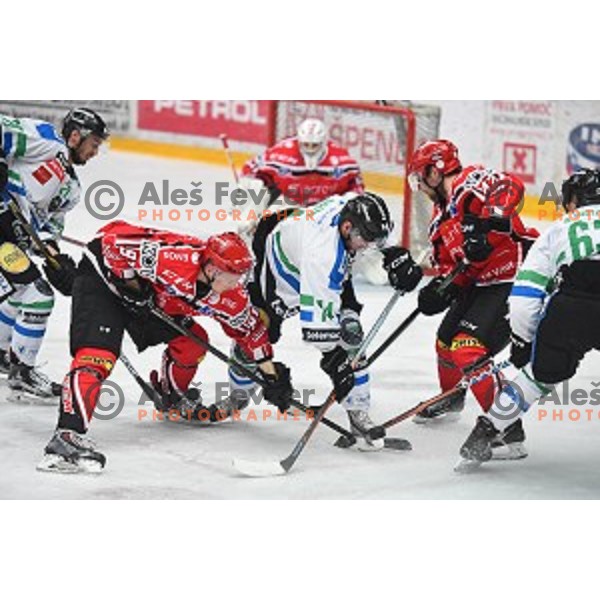 action during fourth match of the Final of Slovenian Ice hockey Championship between SIJ Acroni Jesenice and Telemach Olimpija in Podmezakla Hall, Jesenice, Slovenia on April 7, 2016