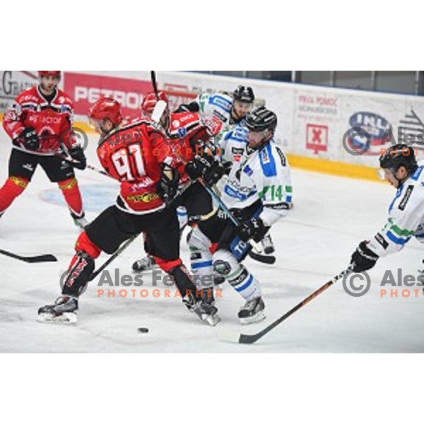 action during fourth match of the Final of Slovenian Ice hockey Championship between SIJ Acroni Jesenice and Telemach Olimpija in Podmezakla Hall, Jesenice, Slovenia on April 7, 2016