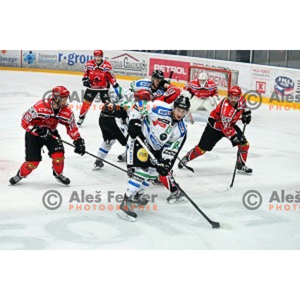action during fourth match of the Final of Slovenian Ice hockey Championship between SIJ Acroni Jesenice and Telemach Olimpija in Podmezakla Hall, Jesenice, Slovenia on April 7, 2016