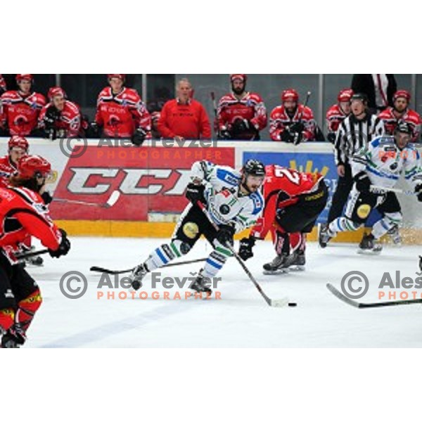 action during fourth match of the Final of Slovenian Ice hockey Championship between SIJ Acroni Jesenice and Telemach Olimpija in Podmezakla Hall, Jesenice, Slovenia on April 7, 2016