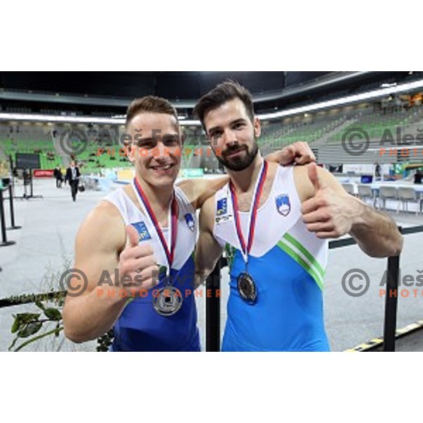 Ziga Silc and Rok Klavora of Slovenia during Artistic Gymnastics World Cup in Stozice Hall, Ljubljana on April 9, 2016
