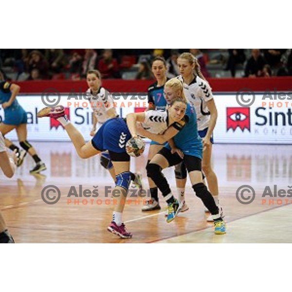 of Krim Mercator in action during handball match between Krim Mercator (Slovenia) and Lada Toljati ( Russia) in semi-final of Cup Winners Cup, played in Kodeljevo Hall, Ljubljana, Slovenia on April 9, 2016
