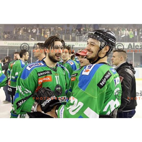 Ziga Pesut and Gregor Koblar of Telemach Olimpija in action during ice-hockey match Telemach Olimpija - SIJ Acroni Jesenice in the Final of Slovenian Championship, Tivoli Hall, Ljubljana, Slovenia on April 11, 2016