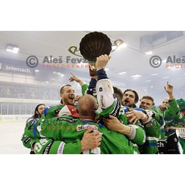 of Telemach Olimpija in action during ice-hockey match Telemach Olimpija - SIJ Acroni Jesenice in the Final of Slovenian Championship, Tivoli Hall, Ljubljana, Slovenia on April 11, 2016