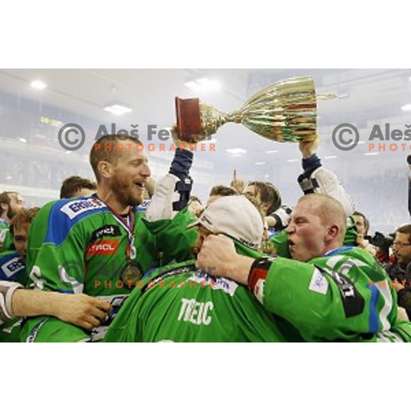 Bostjan Groznik, Miha Logar of Telemach Olimpija in action during ice-hockey match Telemach Olimpija - SIJ Acroni Jesenice in the Final of Slovenian Championship, Tivoli Hall, Ljubljana, Slovenia on April 11, 2016