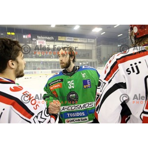 of Telemach Olimpija in action during ice-hockey match Telemach Olimpija - SIJ Acroni Jesenice in the Final of Slovenian Championship, Tivoli Hall, Ljubljana, Slovenia on April 11, 2016
