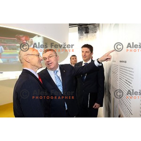 Miro Cerar, Thomas Bach, president of MOK and Edi Kolar at opening of Slovenian Olympic educational centre in BTC city, Ljubljana on April 15, 2016