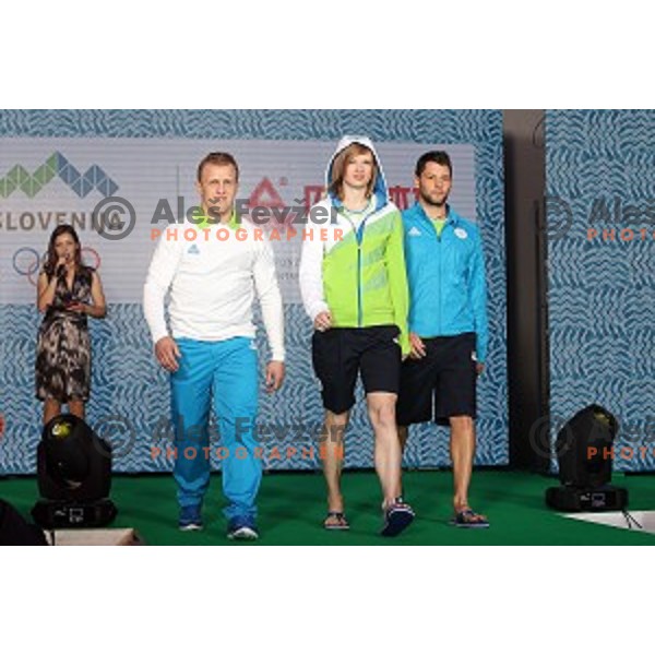 Tina Sutej and Rok Draksic as models in Slovenian Olympic collection for Rio de Janeiro 2016 Olympic games during fashion show in hotel Lev, Ljubljana on April 15, 2016