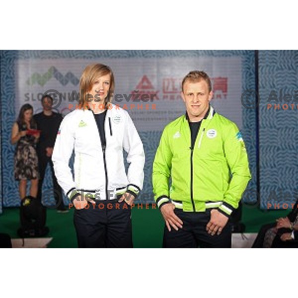 Tina Sutej and Rok Draksic as models in Slovenian Olympic collection for Rio de Janeiro 2016 Olympic games during fashion show in hotel Lev, Ljubljana on April 15, 2016