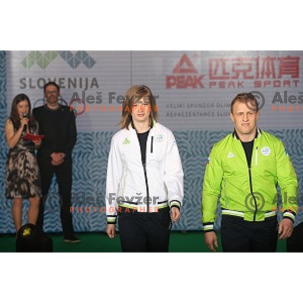 Tina Sutej and Rok Draksic as models in Slovenian Olympic collection for Rio de Janeiro 2016 Olympic games during fashion show in hotel Lev, Ljubljana on April 15, 2016