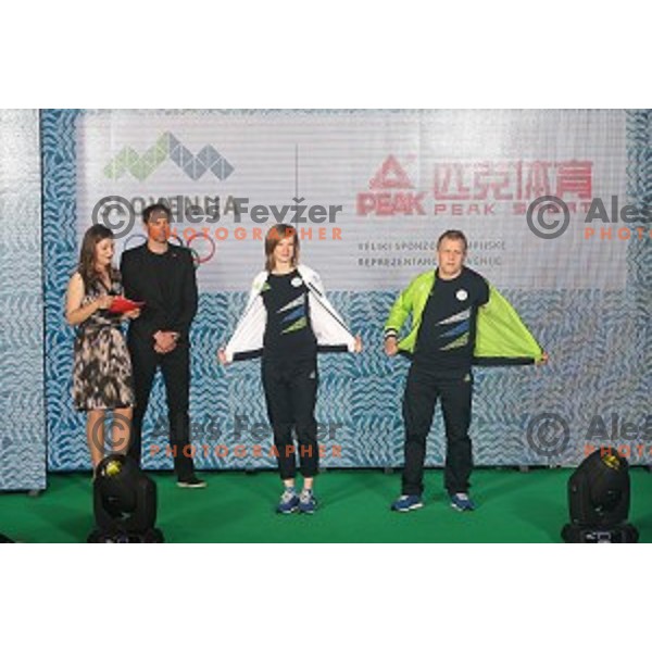 Tina Sutej and Rok Draksic as models in Slovenian Olympic collection for Rio de Janeiro 2016 Olympic games during fashion show in hotel Lev, Ljubljana on April 15, 2016