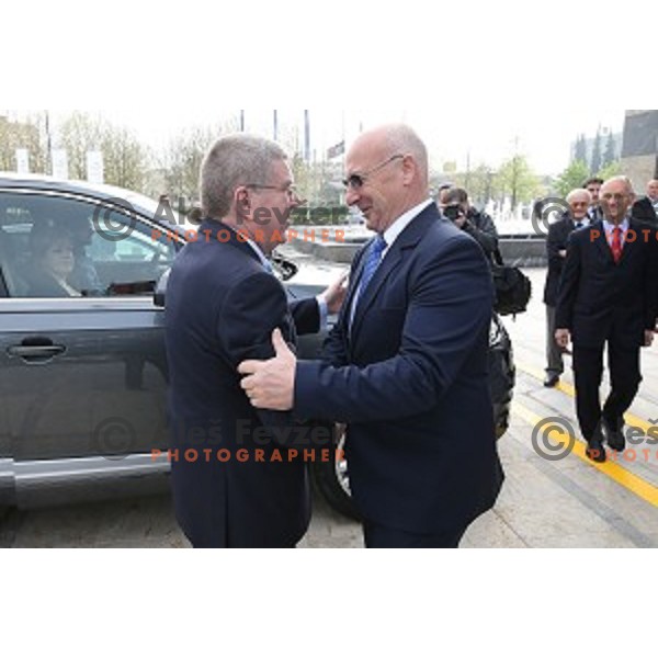 Thomas Bach, president of MOK and Bogdan Gabrovec, president of OKS at opening of Slovenian Olympic educational centre in BTC city, Ljubljana on April 15, 2016