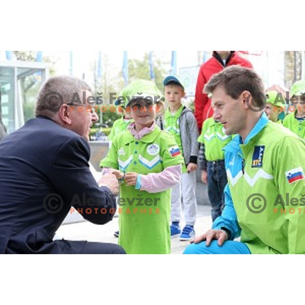 Thomas Bach, president of MOK and Mitja Petkovsek at opening of Slovenian Olympic educational centre in BTC city, Ljubljana on April 15, 2016