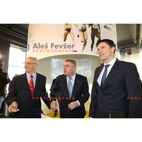 Miro Cerar, Thomas Bach, president of MOK and Edi Kolar at opening of Slovenian Olympic educational centre in BTC city, Ljubljana on April 15, 2016
