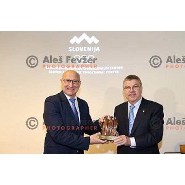Bogdan Gabrovec, president of OKS and Thomas Bach, president of MOK at opening of Slovenian Olympic educational centre in BTC city, Ljubljana on April 15, 2016